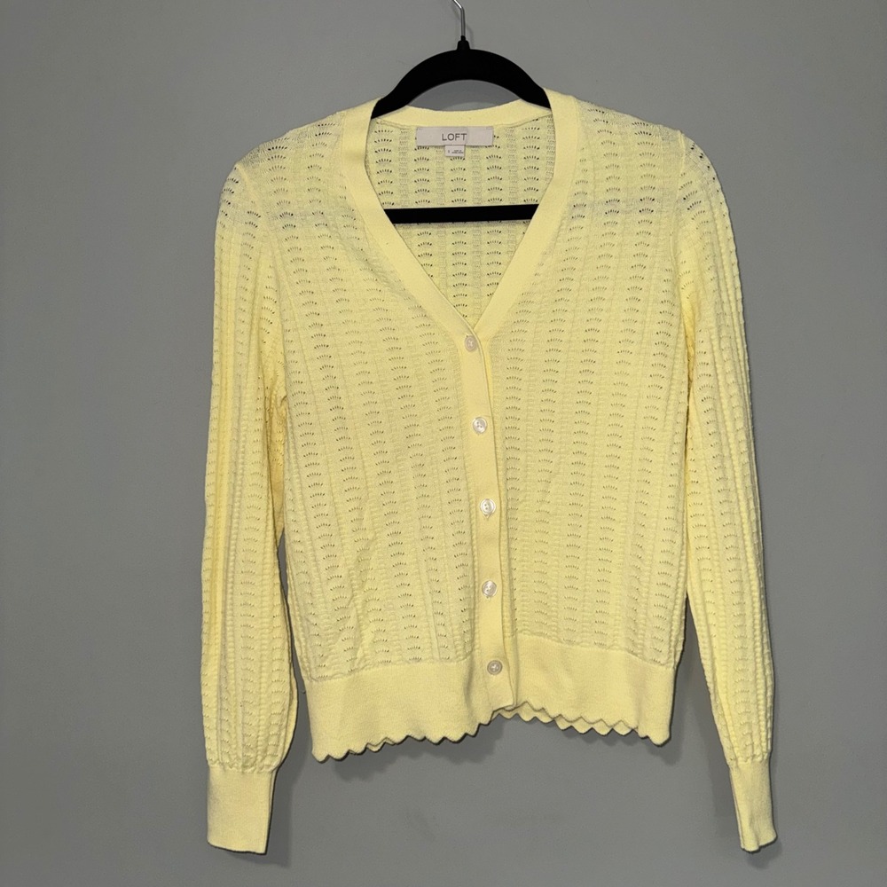 LOFT Womens Pastel Yellow Pointelle Knit‎ Scalloped Hem V-Neck Cardigan Size S